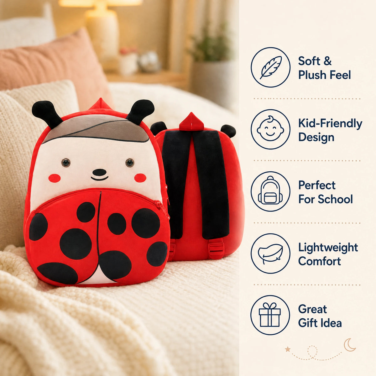 Ladybug Backpack – Plush Design with Front Pocket - Bénéfices produit