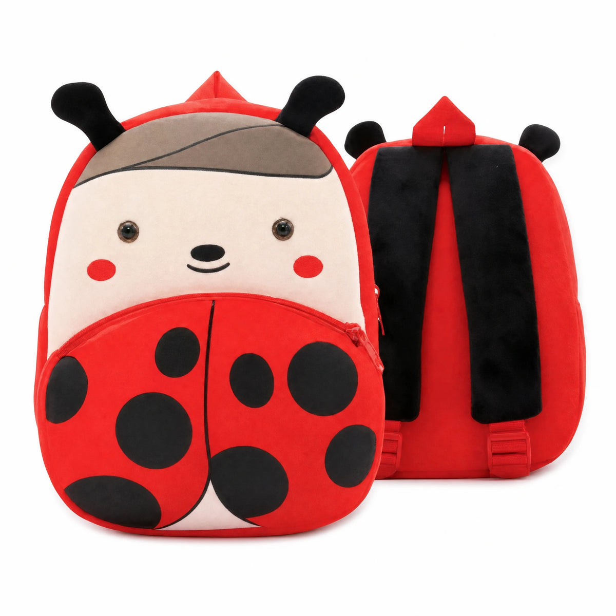 Ladybug Backpack – Plush Design with Front Pocket - Fond blanc