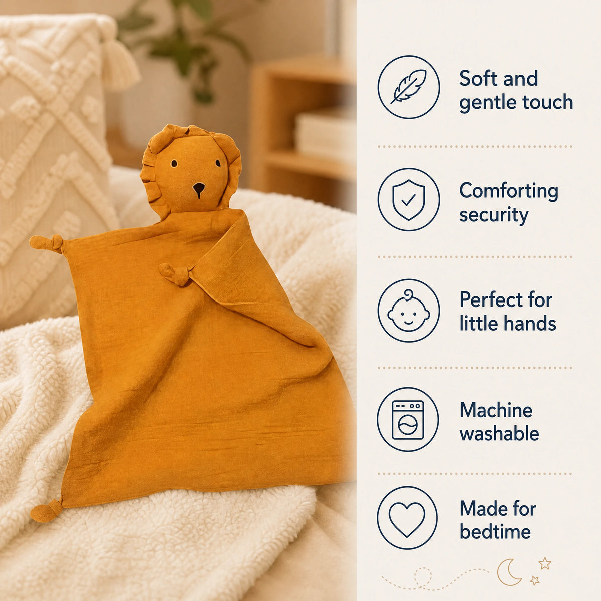 Lion Comfort Blanket in Soft Cotton Muslin for Baby - Bénéfices produit