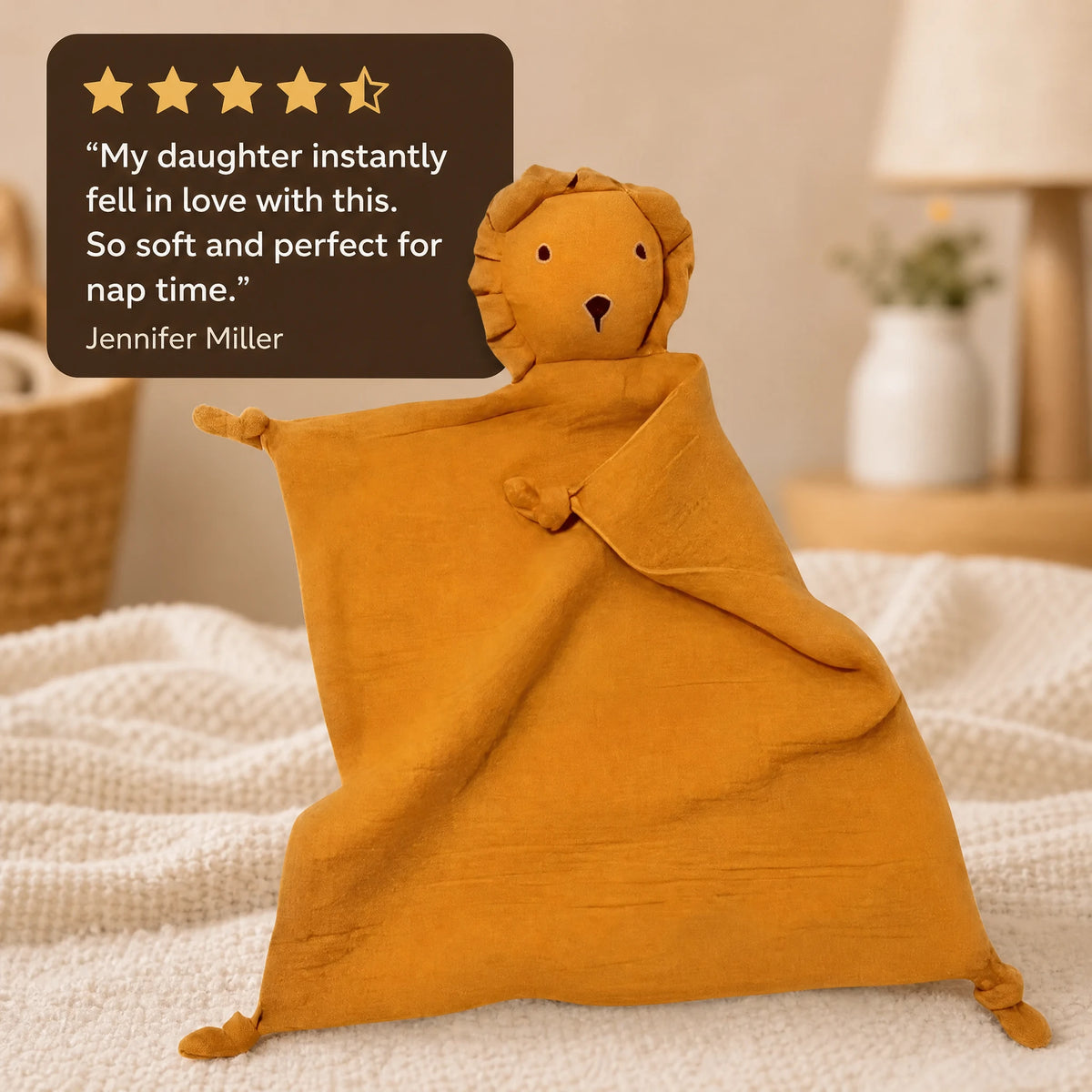 Lion Comfort Blanket in Soft Cotton Muslin for Baby - Image témoignage