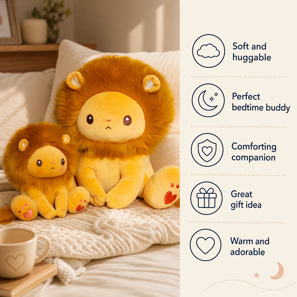 Lion Plush Toy with Fluffy Mane and Embroidered Paws - Bénéfices produit