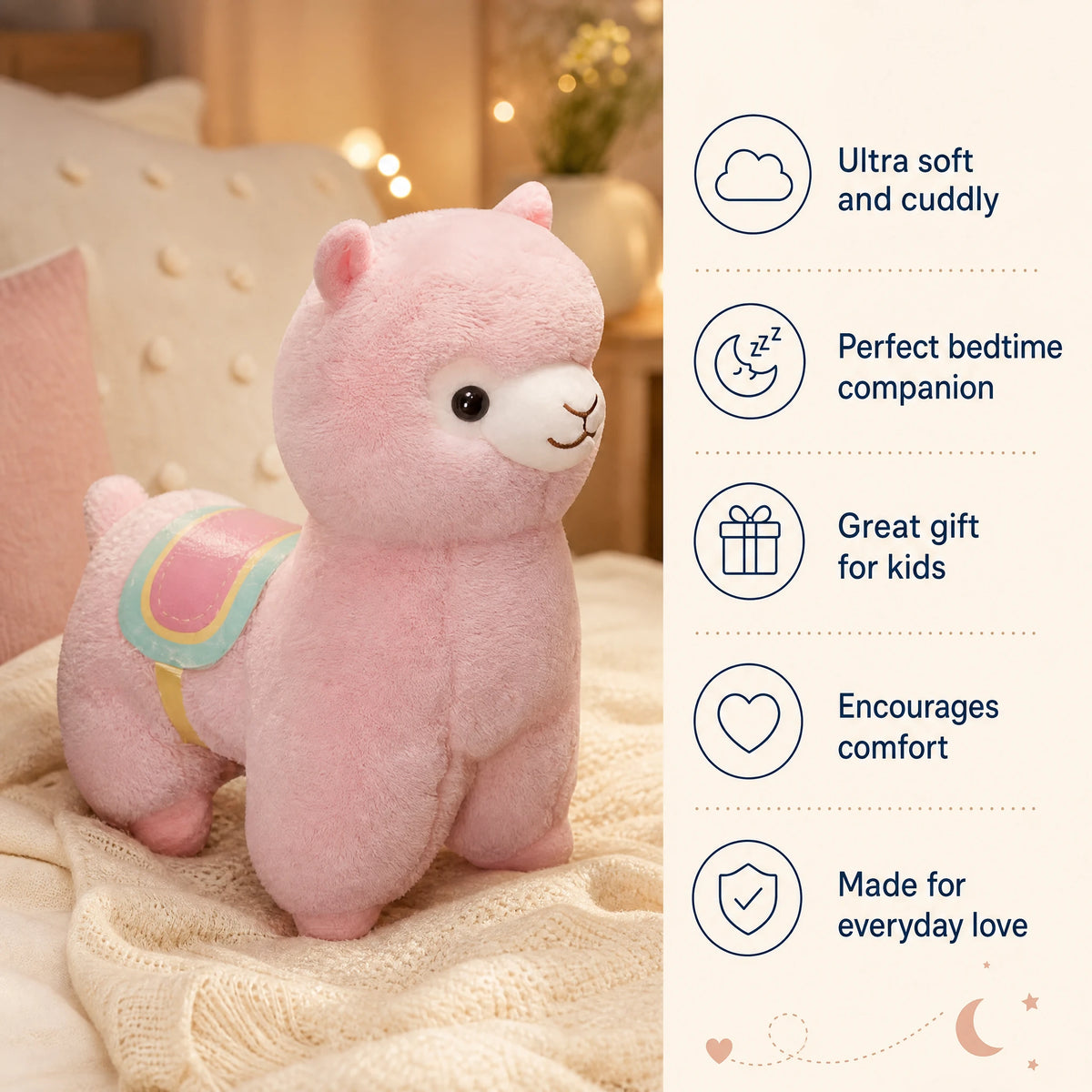 Llama Plush Toy with Rainbow Saddle Detail - Bénéfices produit