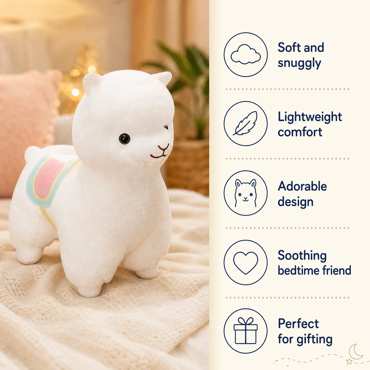 Llama Plush with Rainbow Saddle and Gentle Smile - Bénéfices produit