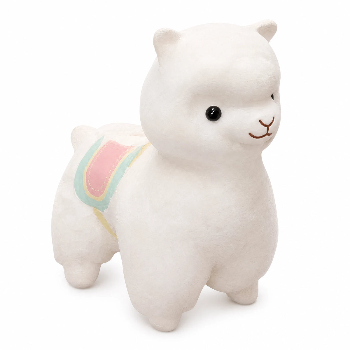 Llama Plush with Rainbow Saddle and Gentle Smile - Fond blanc
