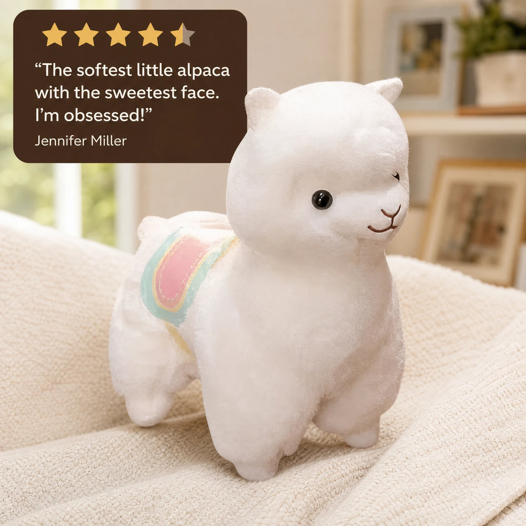 Llama Plush with Rainbow Saddle and Gentle Smile - Image témoignage