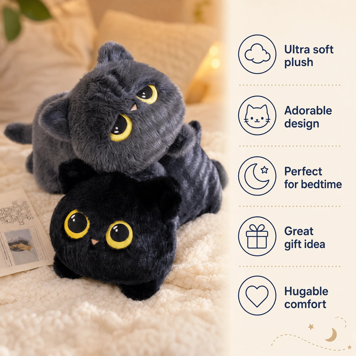 Long Black Cat Plush with Yellow Eyes Lying Position - Bénéfices produit