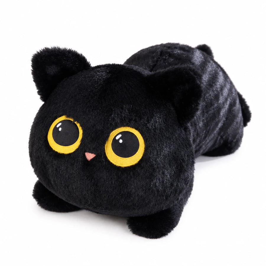 Long Black Cat Plush with Yellow Eyes Lying Position - Black / 19.5in / 50cm … (3 tailles)