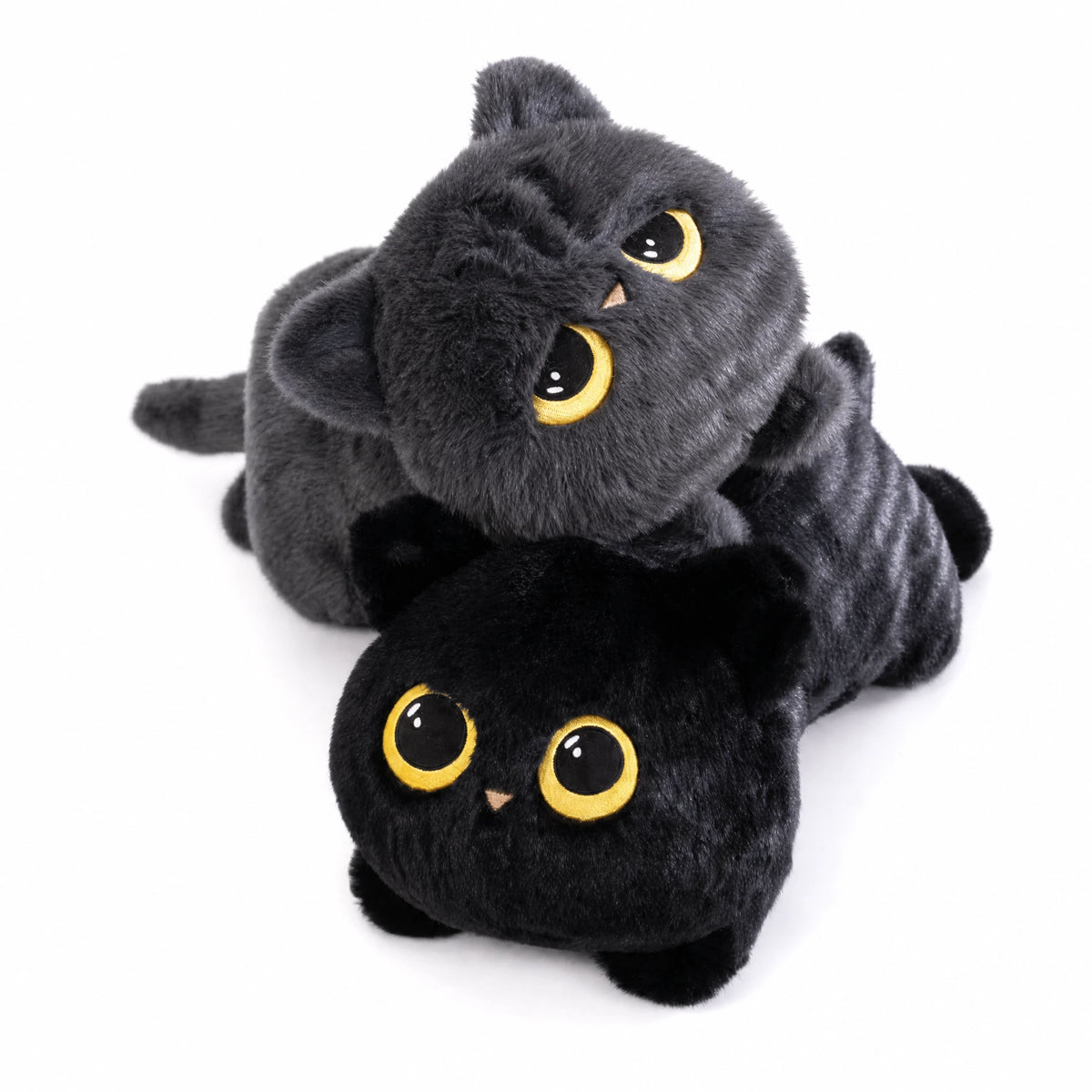 Long Black Cat Plush with Yellow Eyes Lying Position - Fond blanc