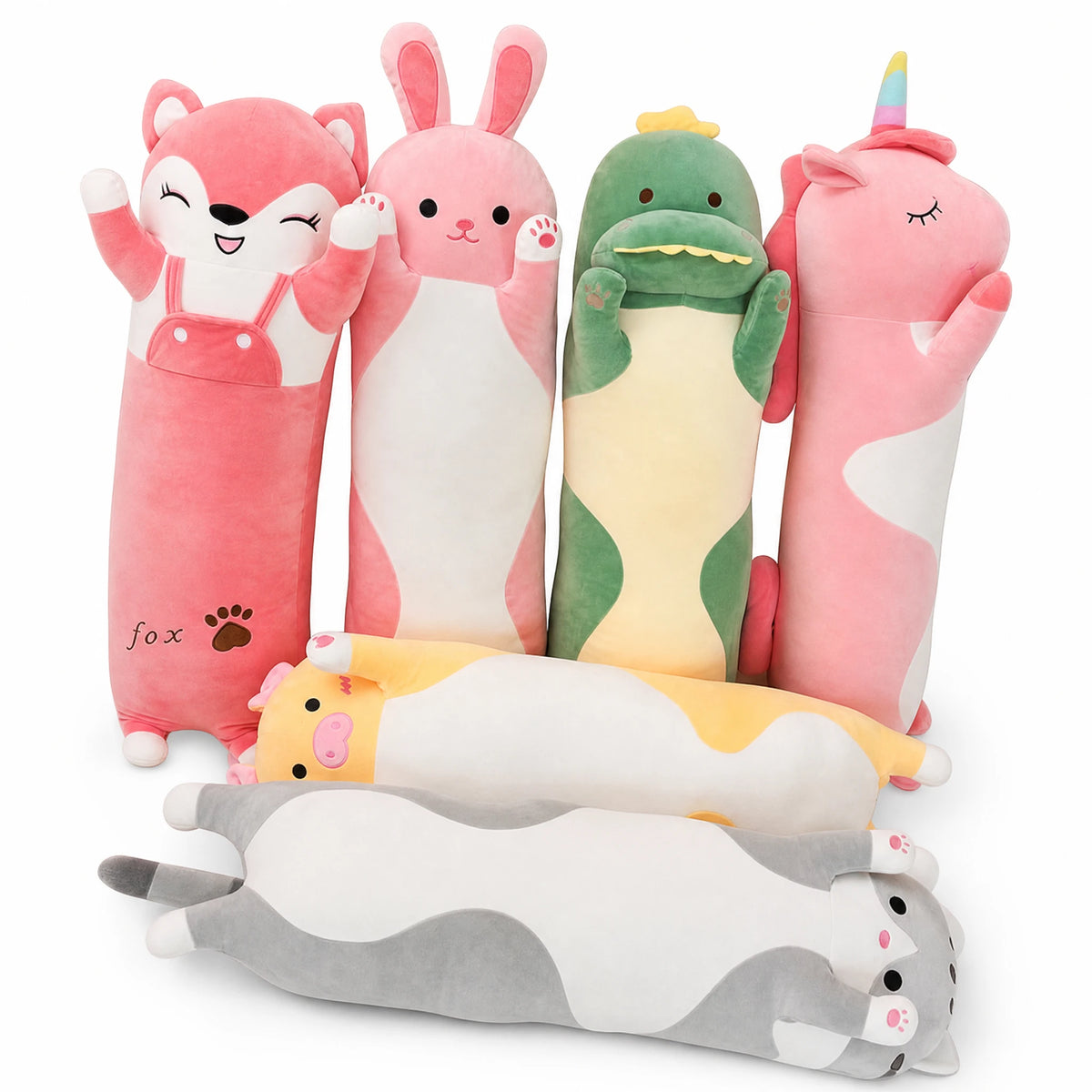 Long Body Pillow Plush with Animal Designs - Fond blanc