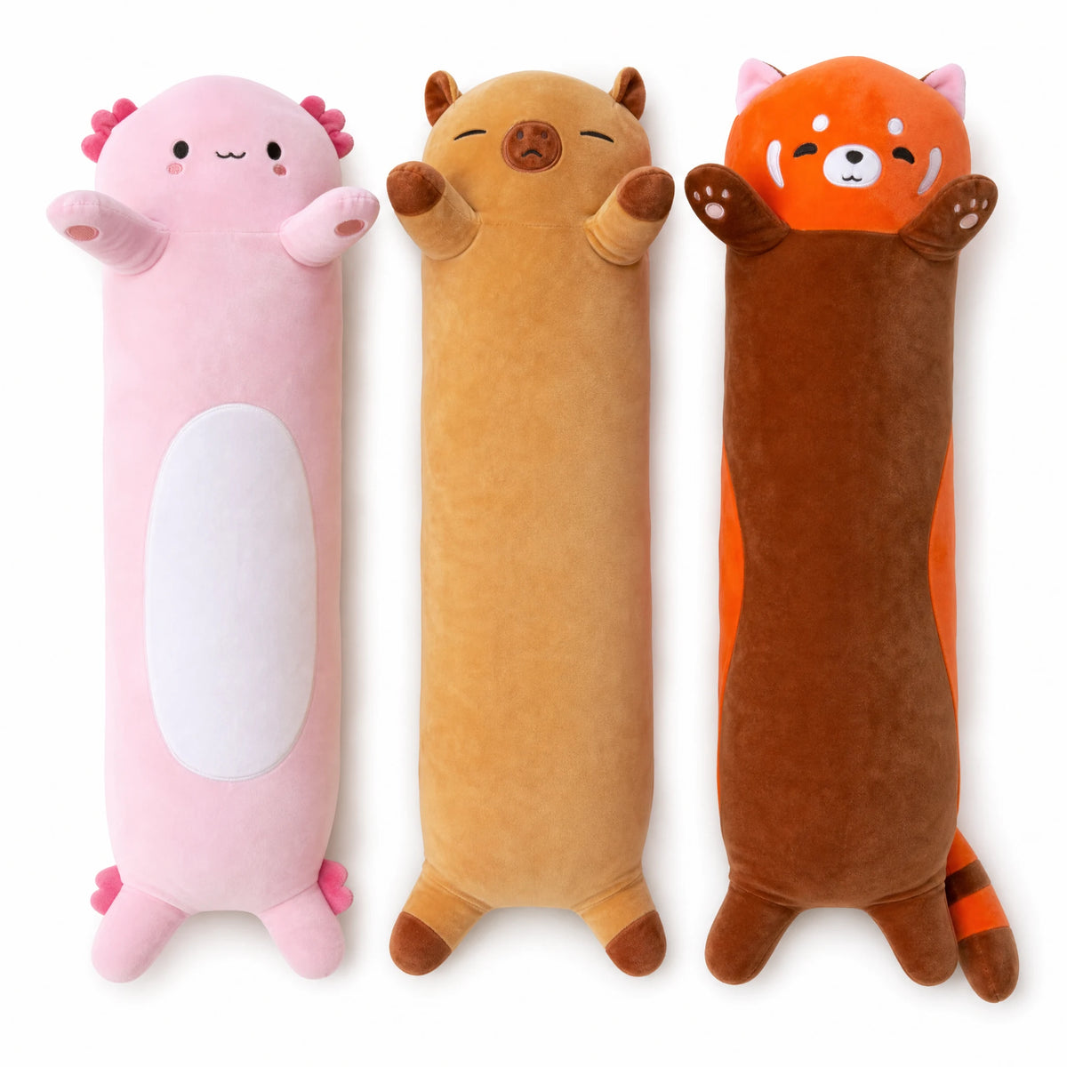Long Body Plush in Red Panda, Axolotl, and Capybara - Fond blanc
