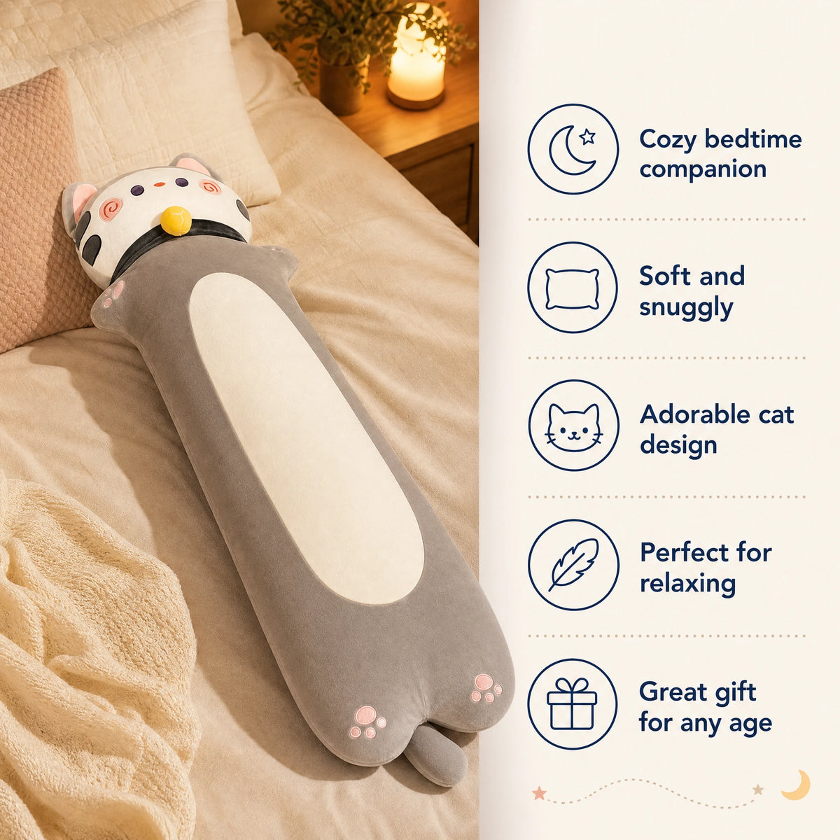 Long Cat Body Pillow with Removable Collar and Paw Details - Bénéfices produit