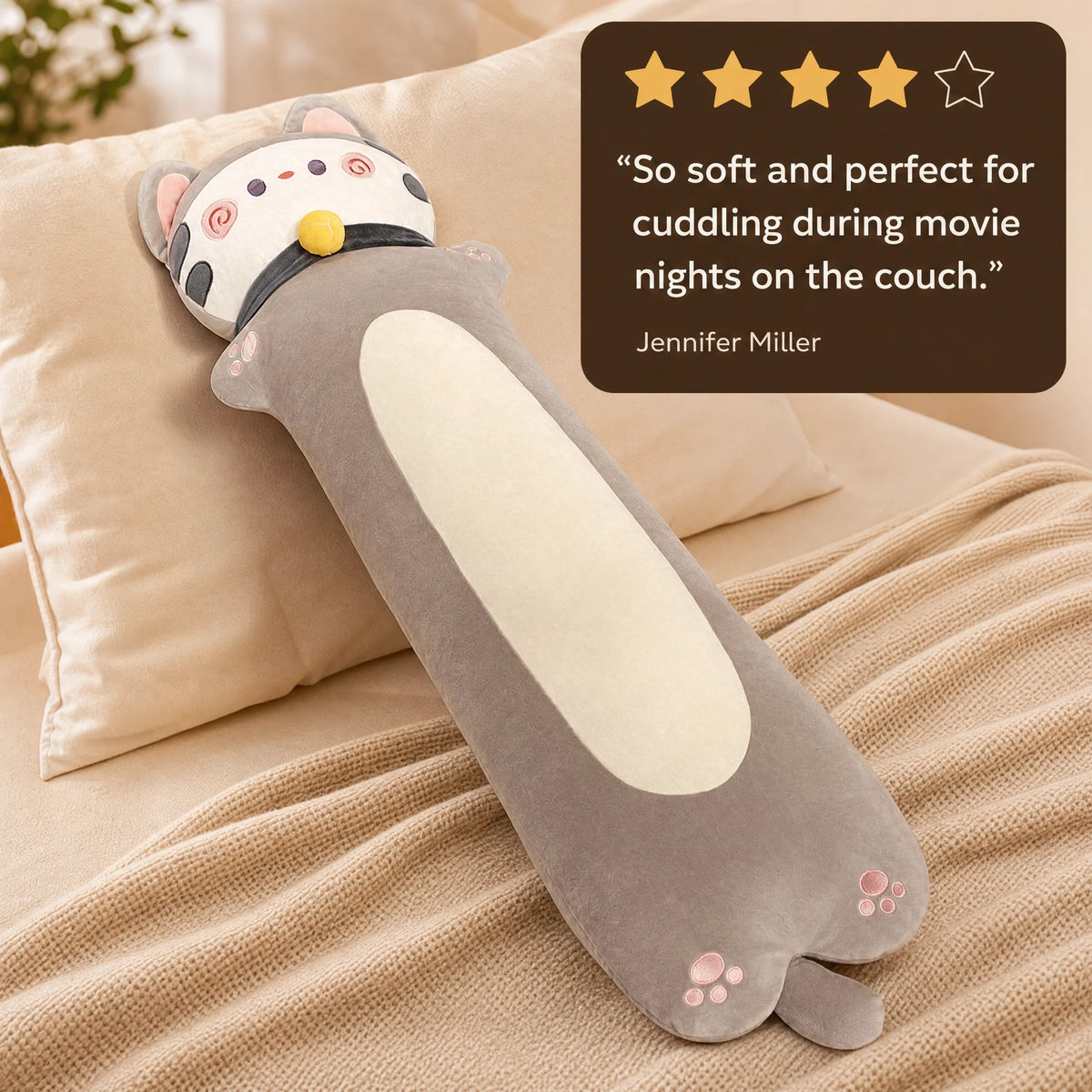 Long Cat Body Pillow with Removable Collar and Paw Details - Image témoignage
