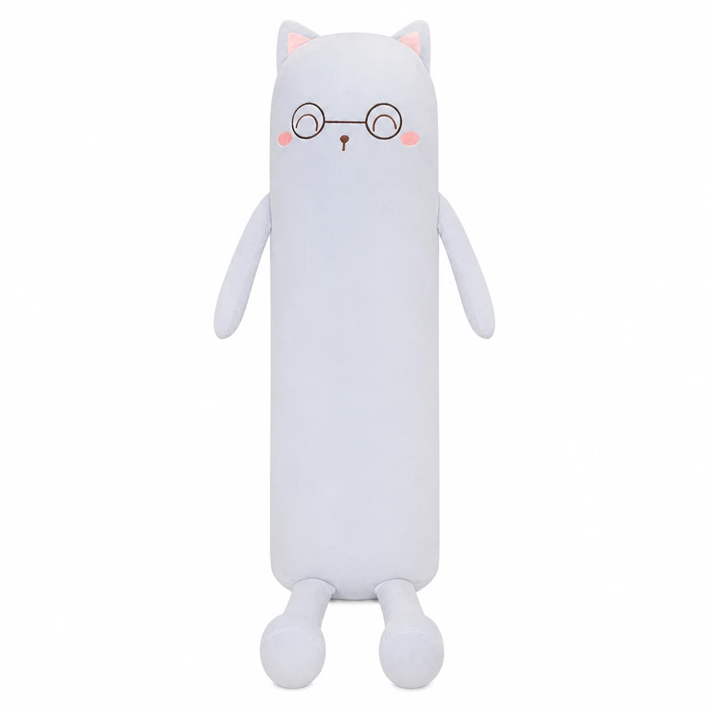 Long Cat Pillow with Smiling Face and Soft Cotton - Blue