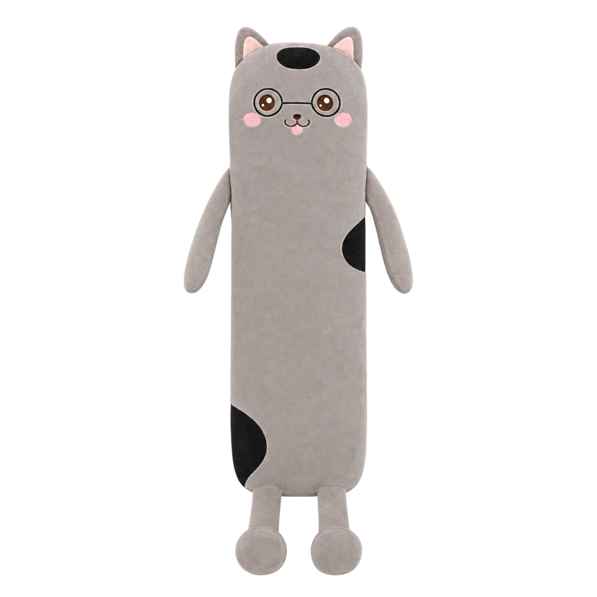 Long Cat Pillow with Smiling Face and Soft Cotton - Gray