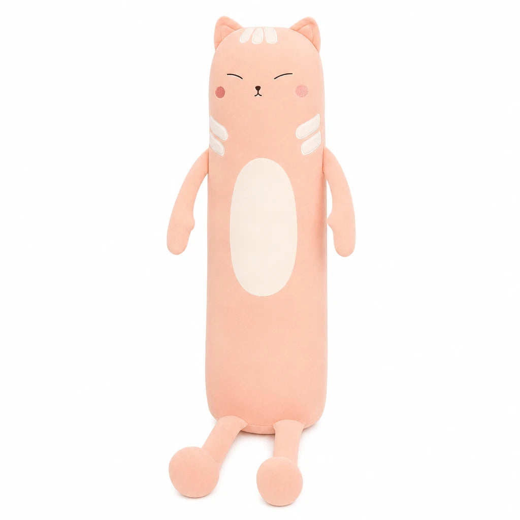 Long Cat Pillow with Smiling Face and Soft Cotton - Pink