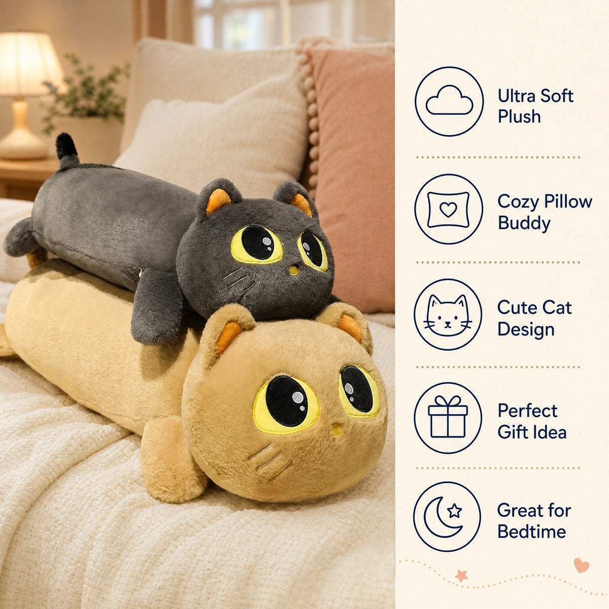 Long Cat Plush with Big Eyes and Soft Sausage Body - Bénéfices produit