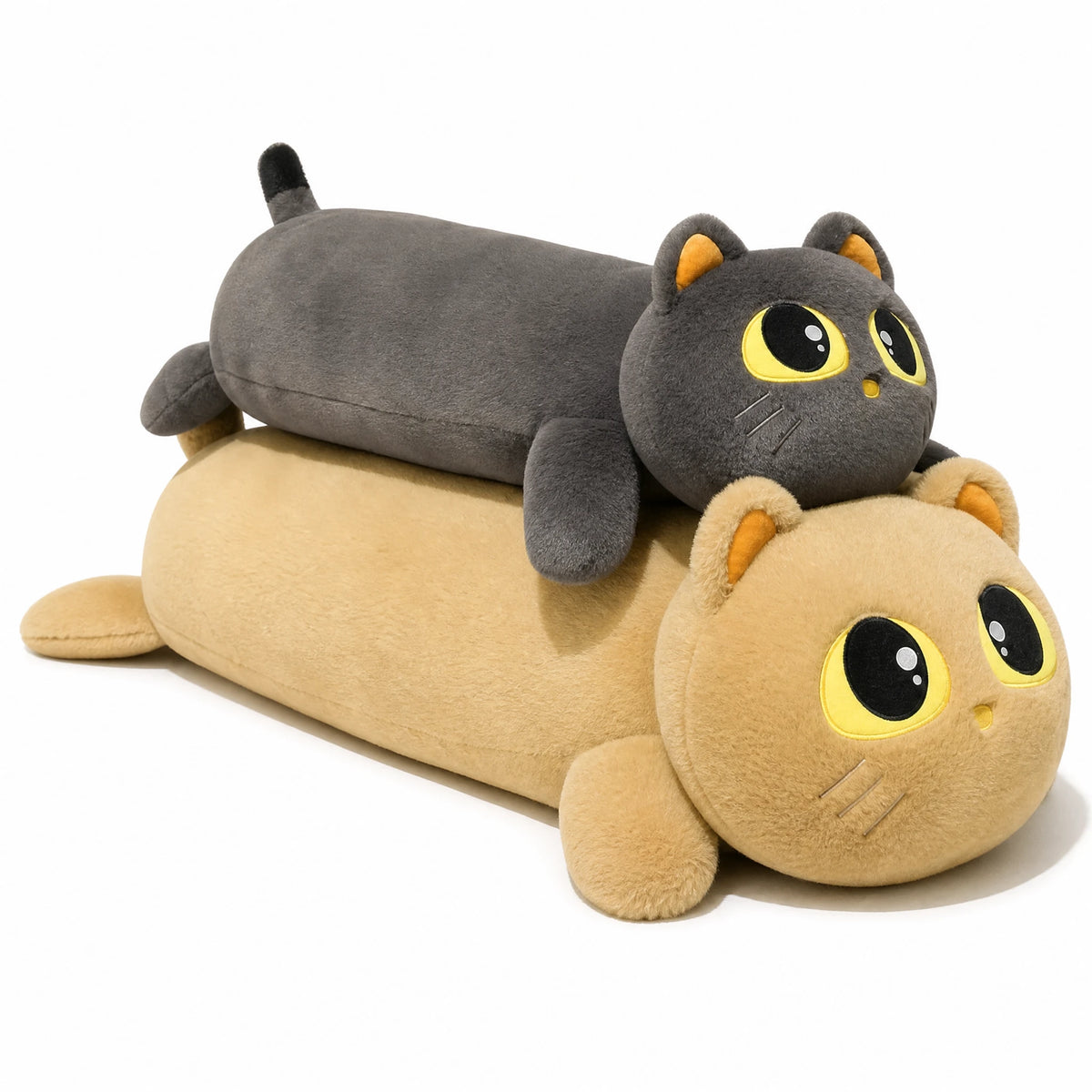 Long Cat Plush with Big Eyes and Soft Sausage Body - Fond blanc