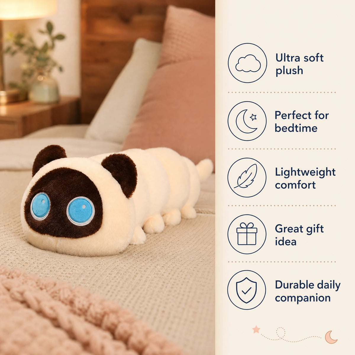 Long Cat Plush with Segmented Body and Blue Eyes - Bénéfices produit