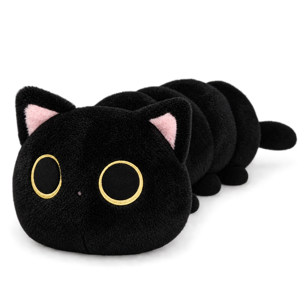 Long Cat Plush with Segmented Body and Blue Eyes - Black / 20in / 50cm … (3 tailles)