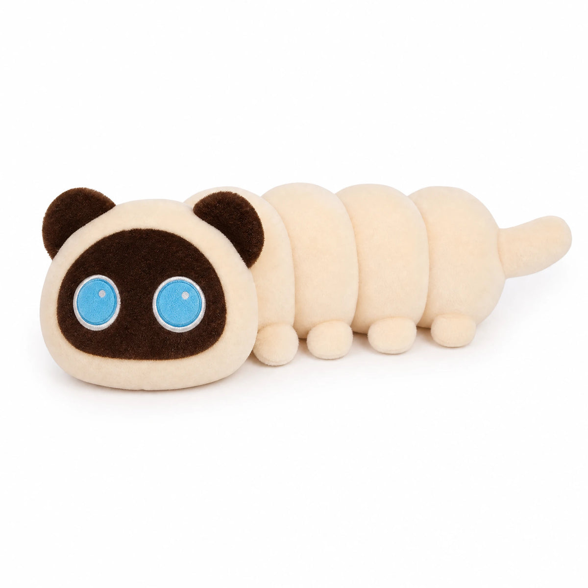 Long Cat Plush with Segmented Body and Blue Eyes - Fond blanc