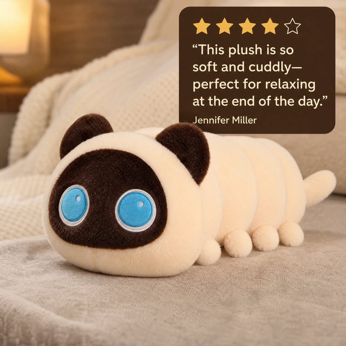 Long Cat Plush with Segmented Body and Blue Eyes - Image témoignage