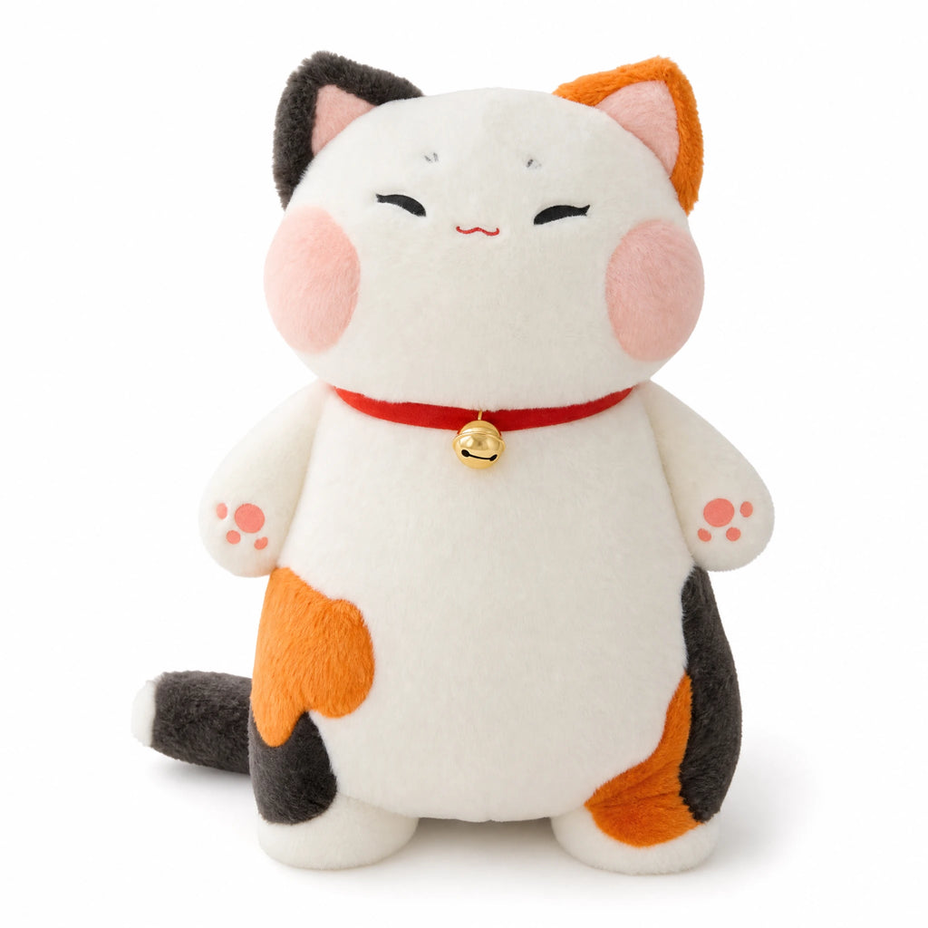 Lucky Cat Plush with Bell and Tricolor Design - Fond blanc