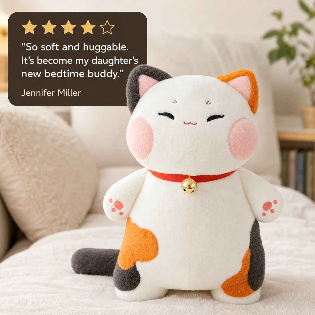 Lucky Cat Plush with Bell and Tricolor Design - Image témoignage