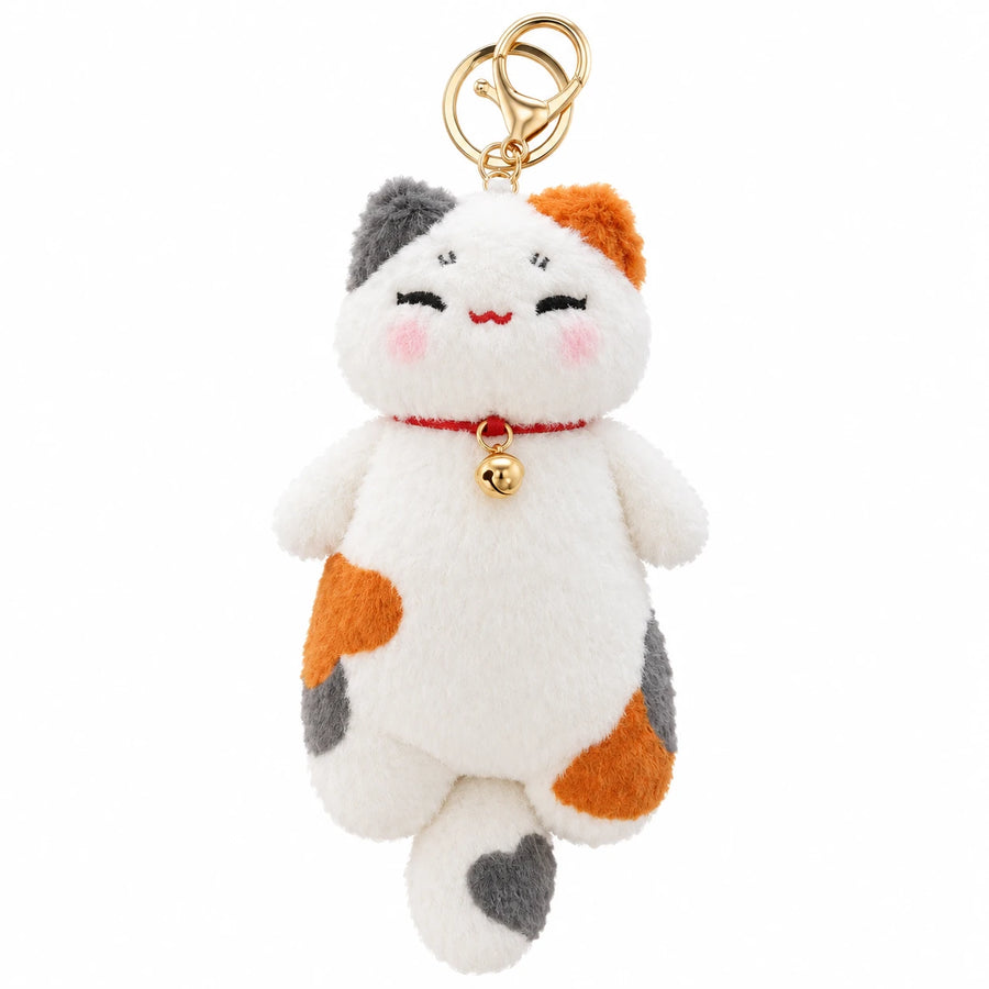 Lucky Cat Plush with Bell and Tricolor Design - Keychain / 6in / 15cm