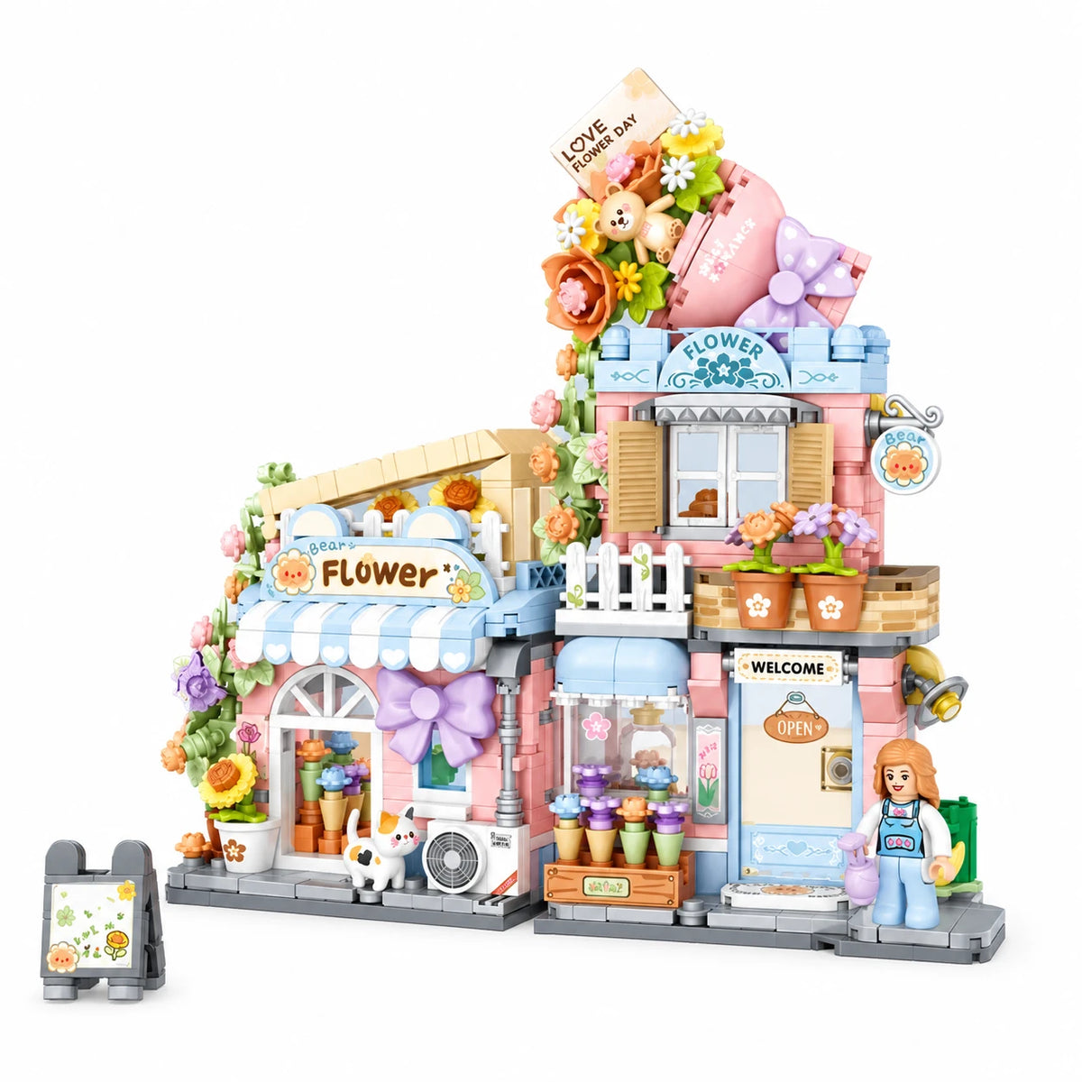 Micro Building Blocks Cafe - Foldable Cat or Bear Theme - Flower Cafe (No Box)