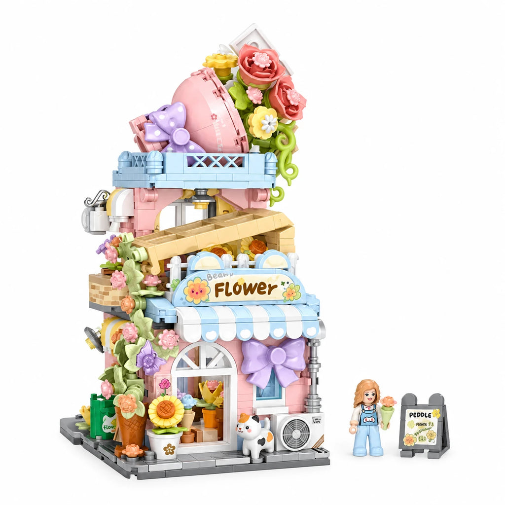 Micro Building Blocks Cafe - Foldable Cat or Bear Theme - Flower Cafe (With Box)