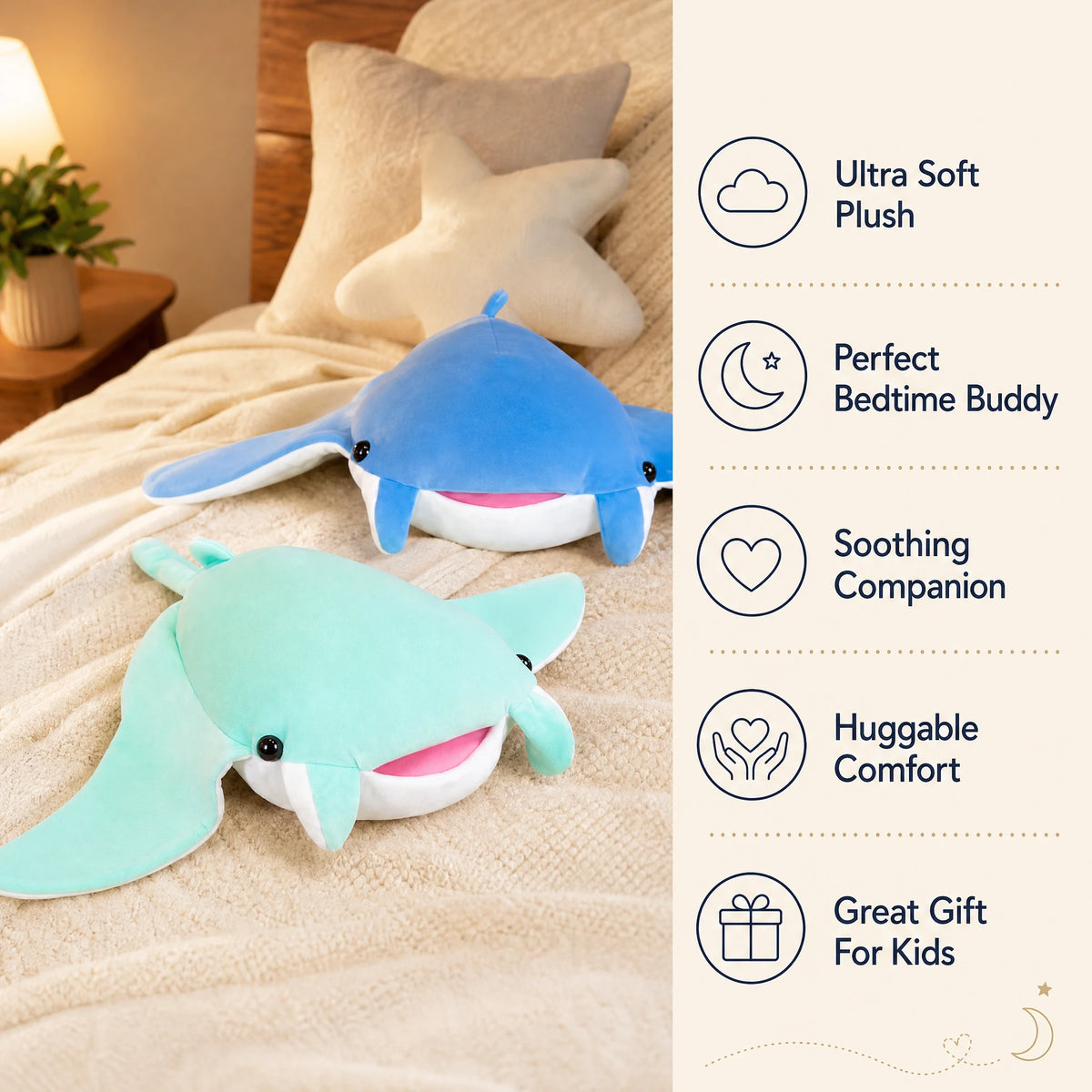 Mobula Ray Plush with Smiling Face in Blue or Mint - Bénéfices produit