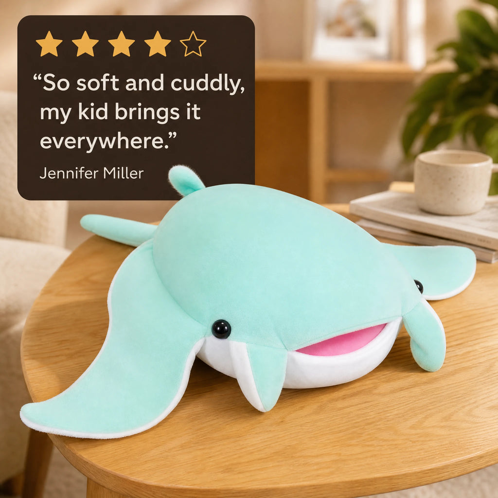 Mobula Ray Plush with Smiling Face in Blue or Mint - Image témoignage
