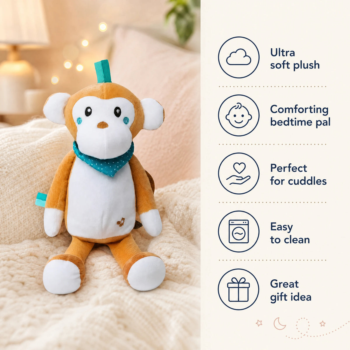 Monkey Plush Nightlight with Soothing Lullaby Music - Bénéfices produit
