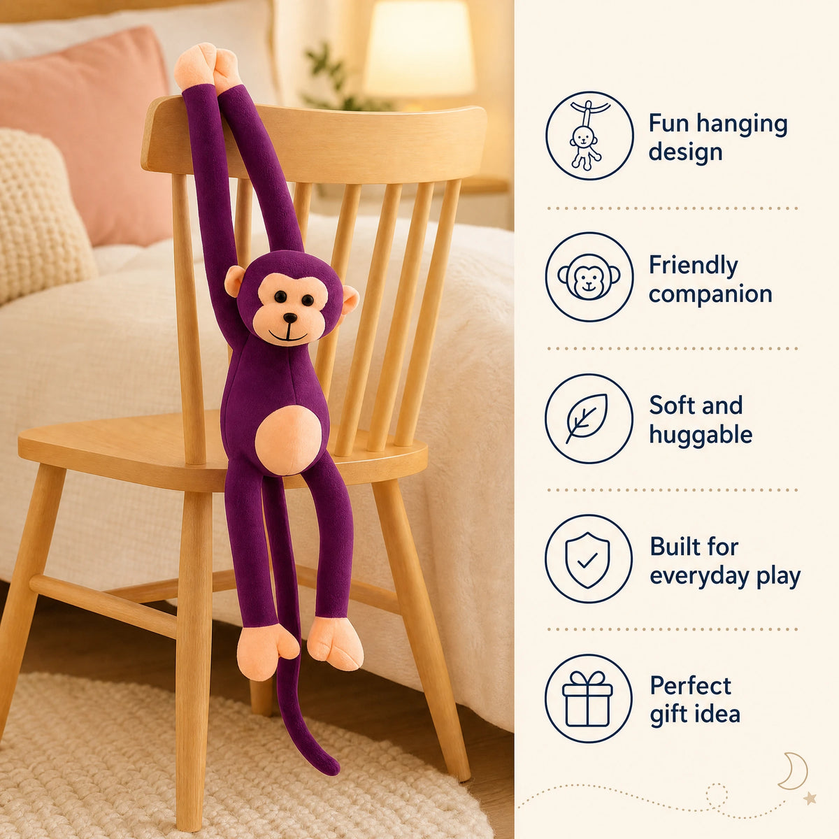 Monkey Plush Toy, Long-Armed Purple Hanging Companion - Bénéfices produit
