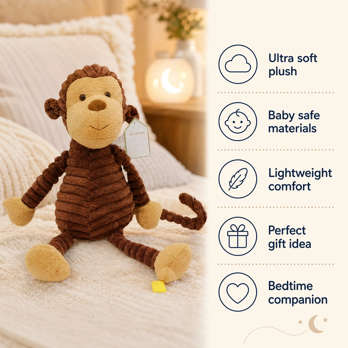 Monkey Plush with Corduroy Texture and Cuddly Design - Bénéfices produit