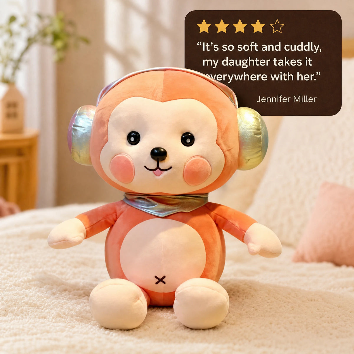 Monkey Plush with Iridescent Ears and Scarf - Image témoignage