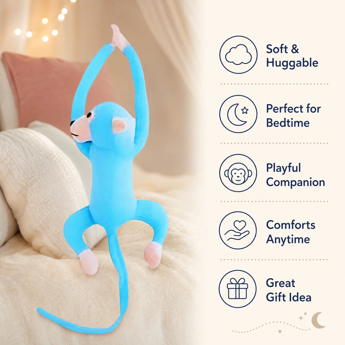 Monkey Plush with Long Arms and Tail – Blue Kawaii - Bénéfices produit