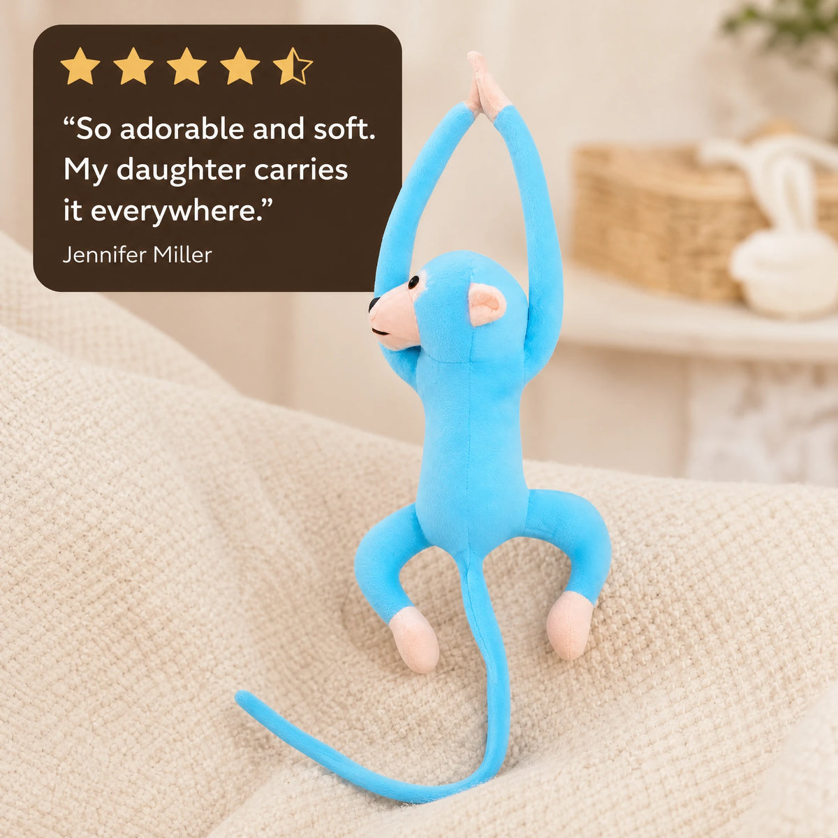 Monkey Plush with Long Arms and Tail – Blue Kawaii - Image témoignage