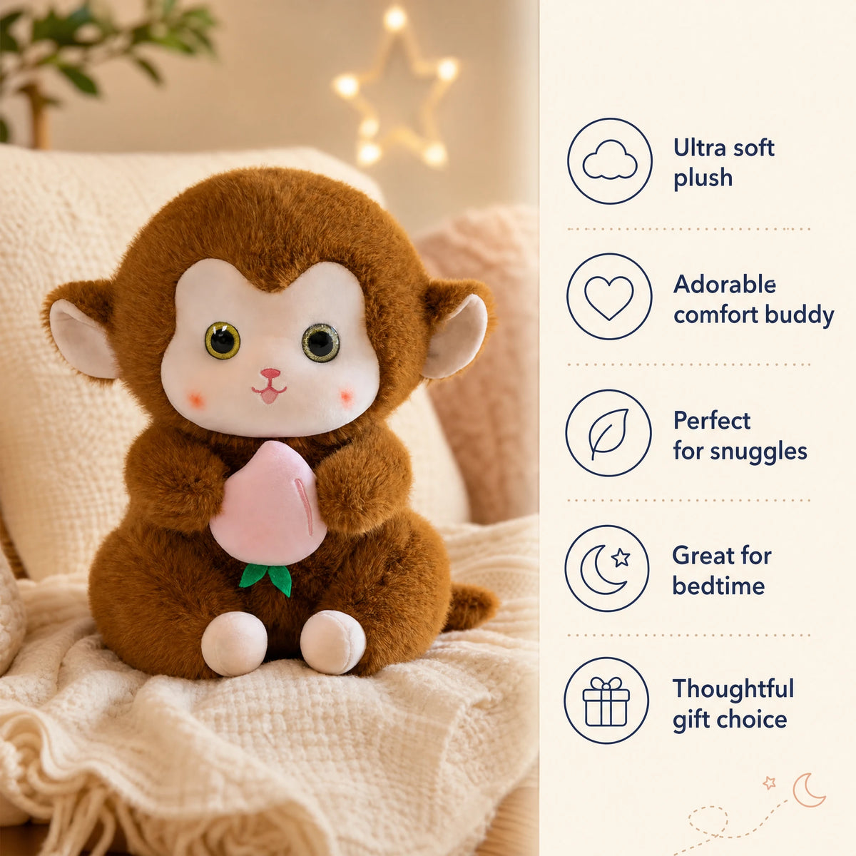 Monkey Plush with Peach Kawaii Style Brown - Bénéfices produit