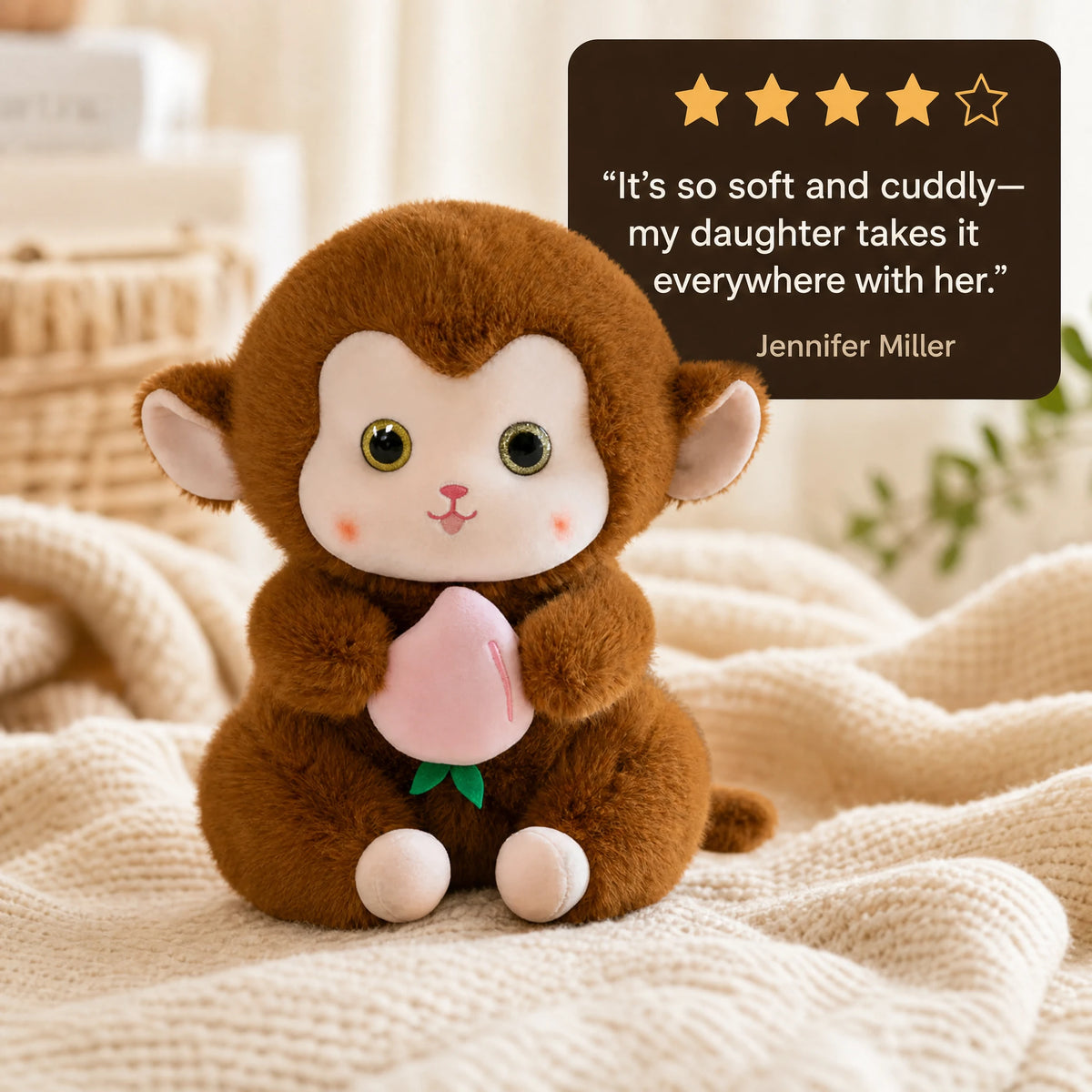 Monkey Plush with Peach Kawaii Style Brown - Image témoignage