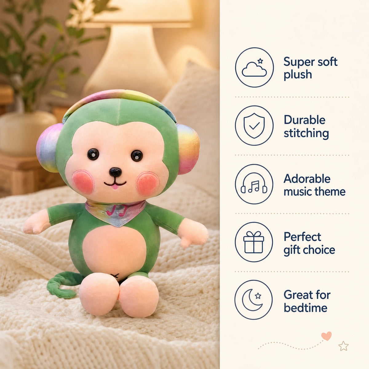 Monkey Plush with Rainbow Gradient Design and Soft Cotton - Bénéfices produit