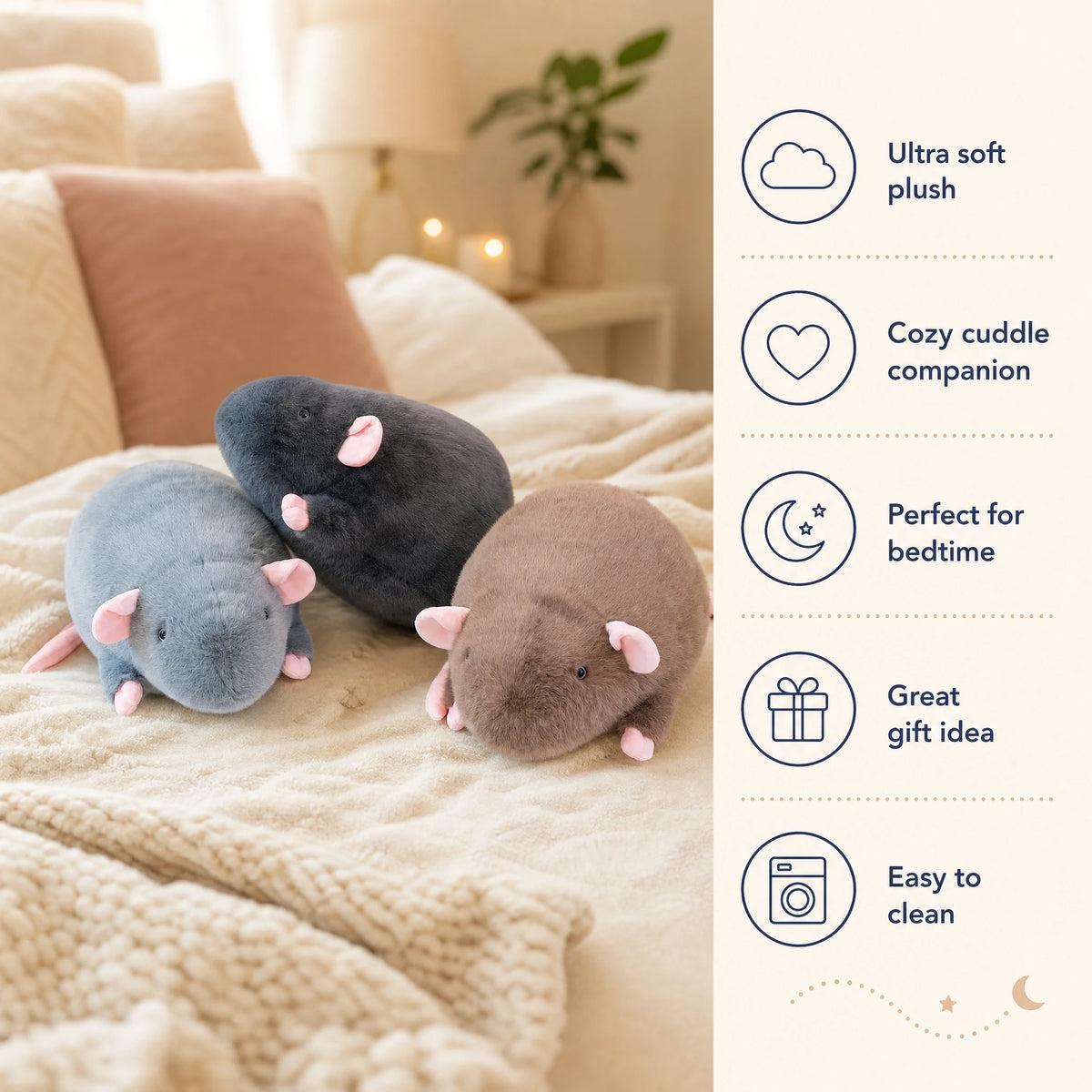 Mouse Plush with Rounded Shape and Pink Details - Bénéfices produit