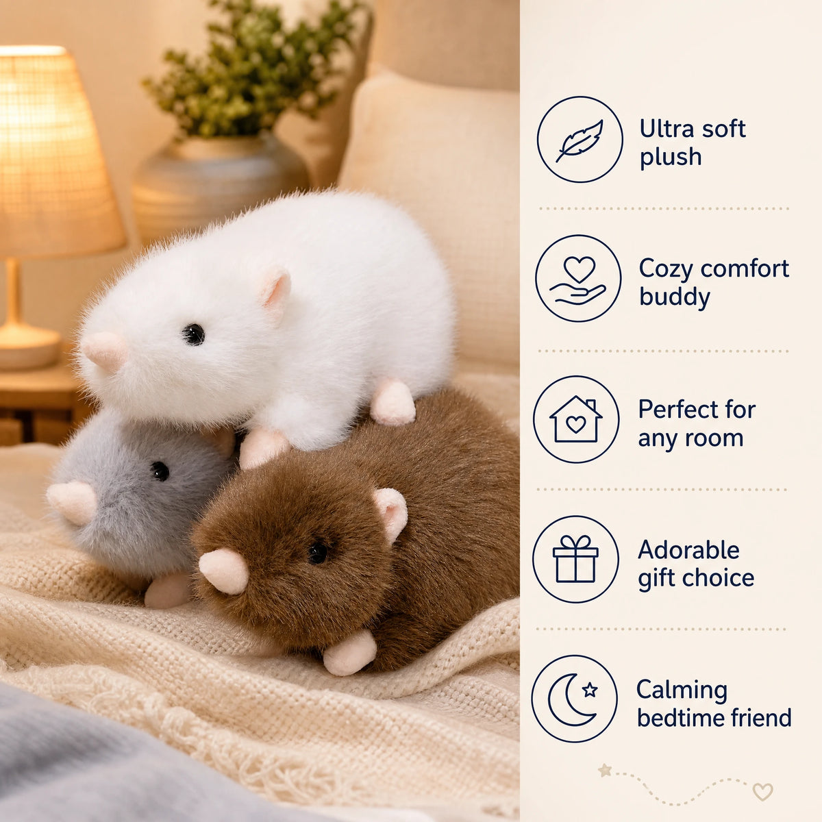 Mouse Stuffed Animal Set of 3 in White, Brown, Grey - Bénéfices produit