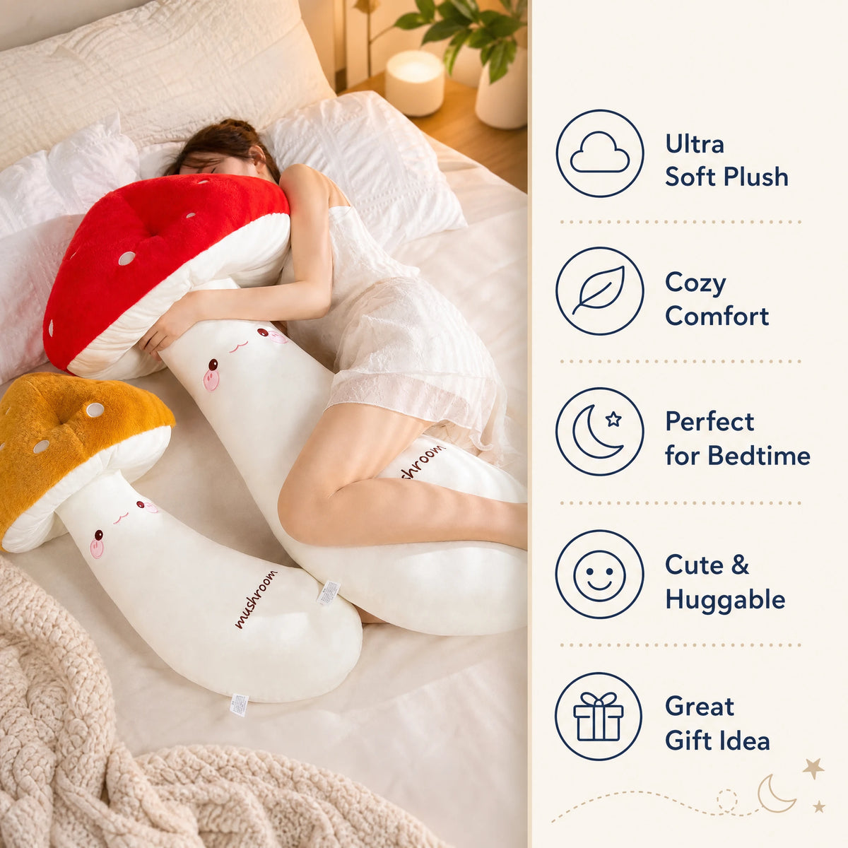 Mushroom Plush Pillow with Long Body and Kawaii Face - Bénéfices produit