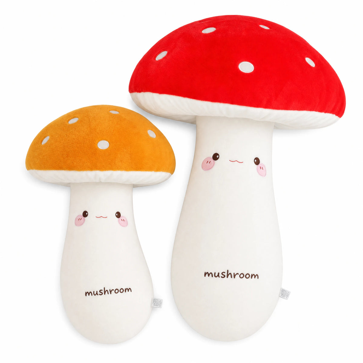 Mushroom Plush Pillow with Long Body and Kawaii Face - Fond blanc