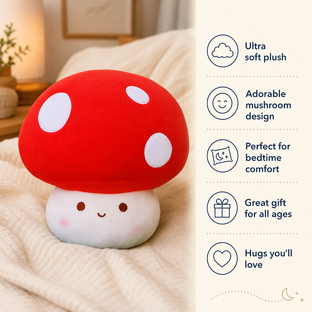 Mushroom Plush – Red Spotted with Smiling Face - Bénéfices produit