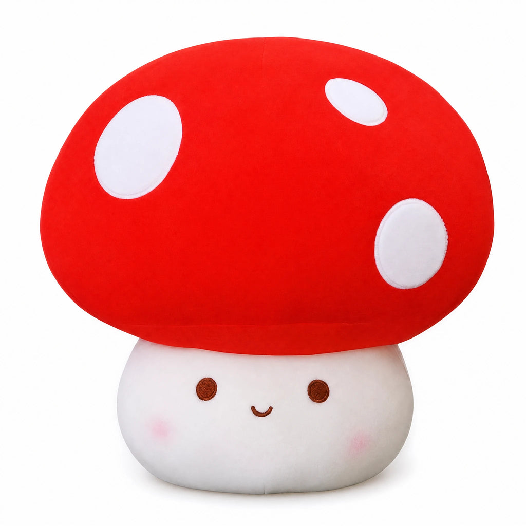 Mushroom Plush – Red Spotted with Smiling Face - Fond blanc