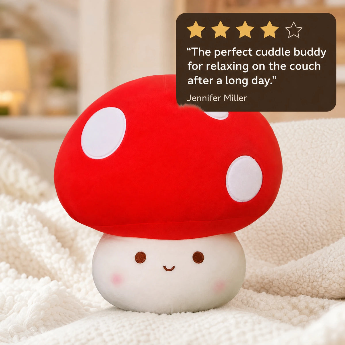 Mushroom Plush – Red Spotted with Smiling Face - Image témoignage