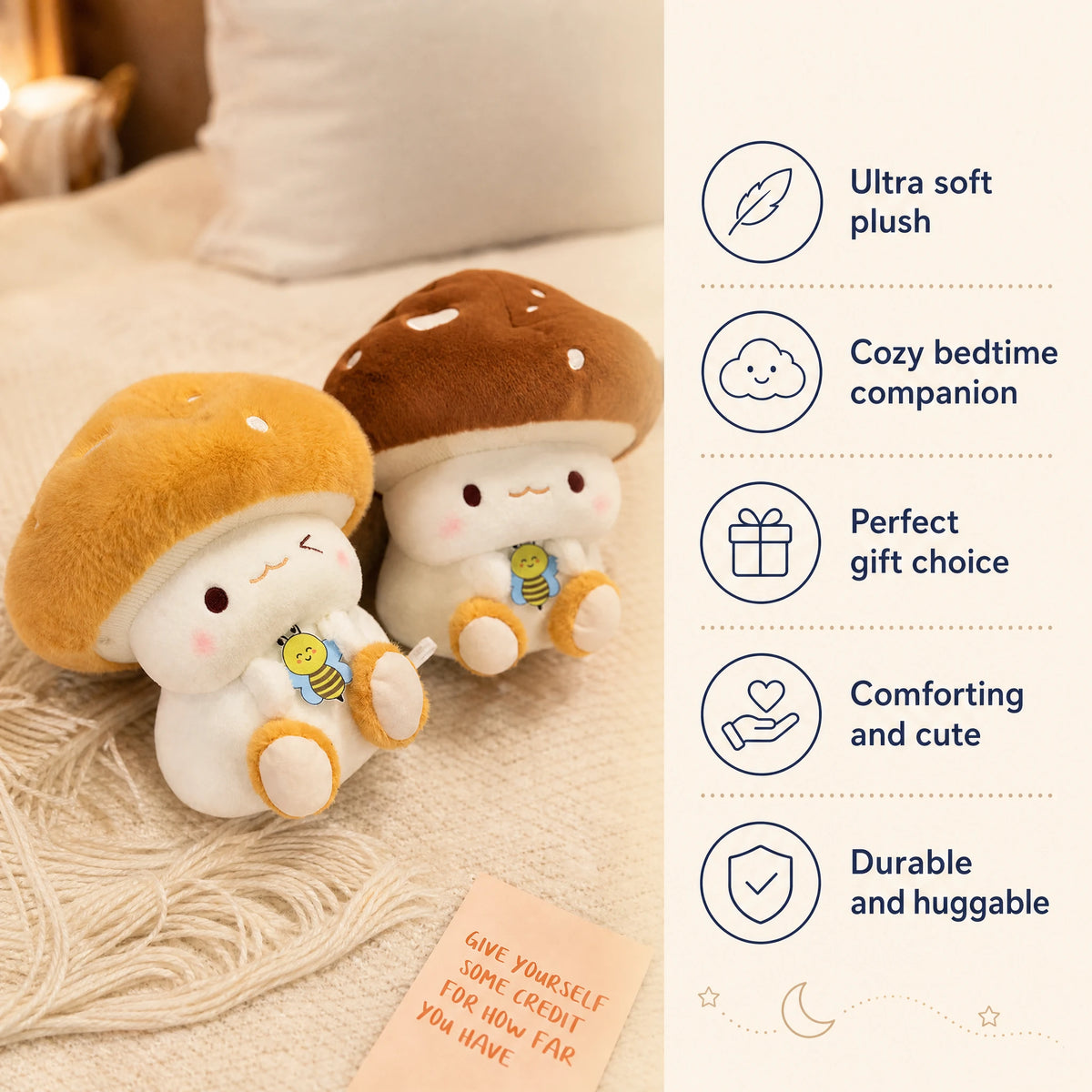 Mushroom Plush Toy with Bee Embroidery and Soft Cap - Bénéfices produit