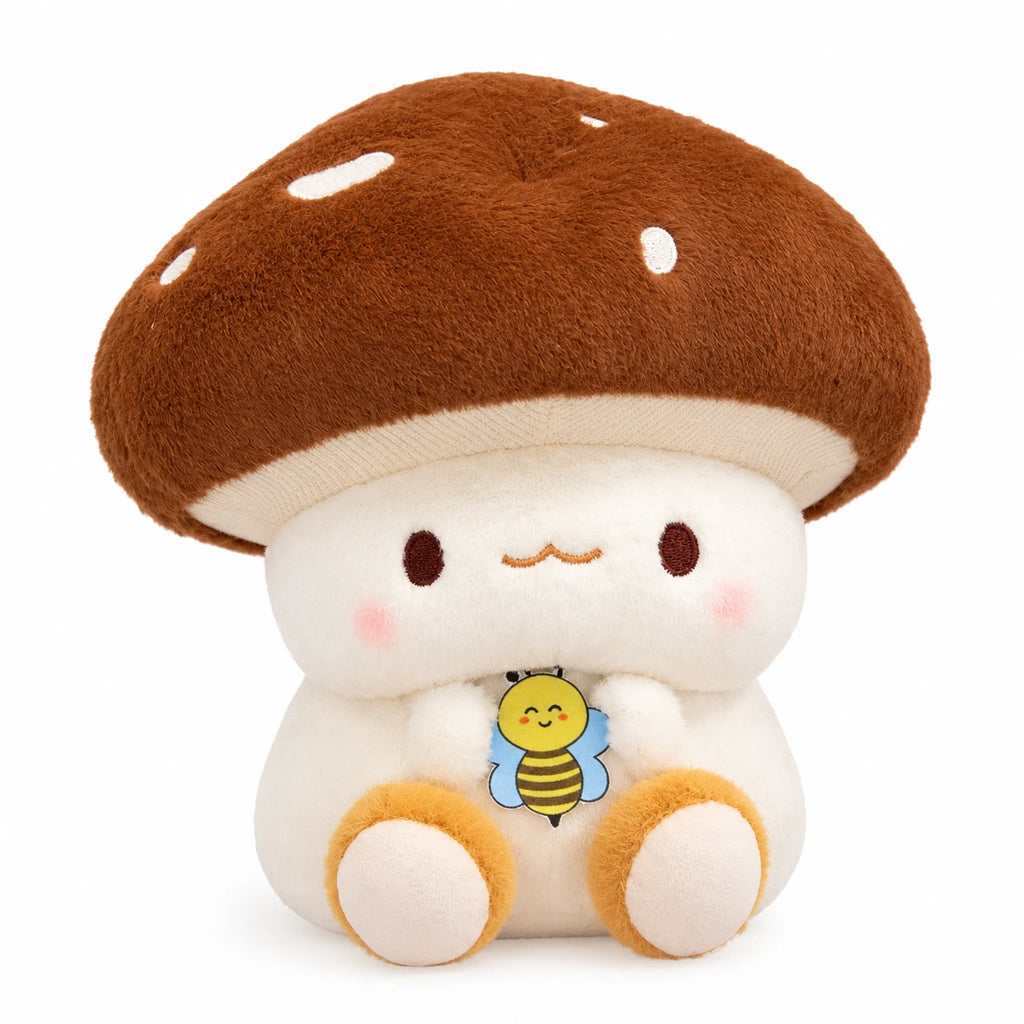 Mushroom Plush Toy with Bee Embroidery and Soft Cap - Brown